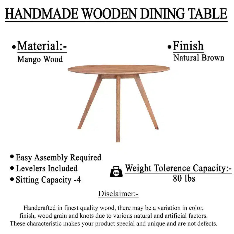 Tavolo da pranzo Royal Hampton | Piano rotondo 47" | Legno di mango marrone naturale fatto a mano | Base a quattro gambe angolate