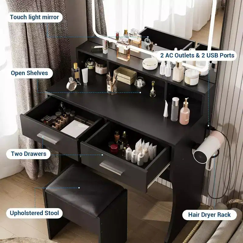 Scrivania da toeletta larga 80 cm con specchio, stazione di ricarica e sgabello, set compatto da trucco in legno per cameretta, dormitorio e appartamento