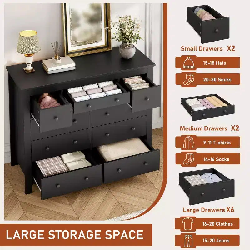 Cassettiera a 10 cassetti per camera da letto, Comò in legno da 120 cm, Organizzatore di vestiti, Mobile TV per soggiorno, corridoio, camera da letto