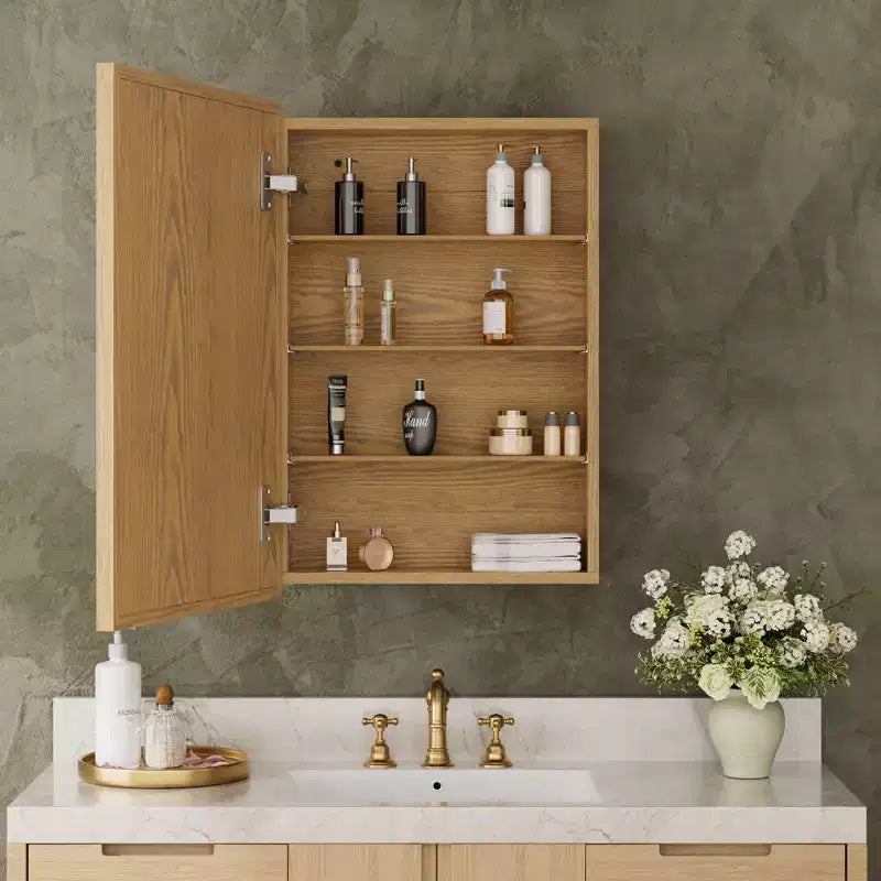 Armadietto da bagno con specchio e ripiani regolabili in legno di quercia, Mobiletto contenitore da parete con specchio per bagno