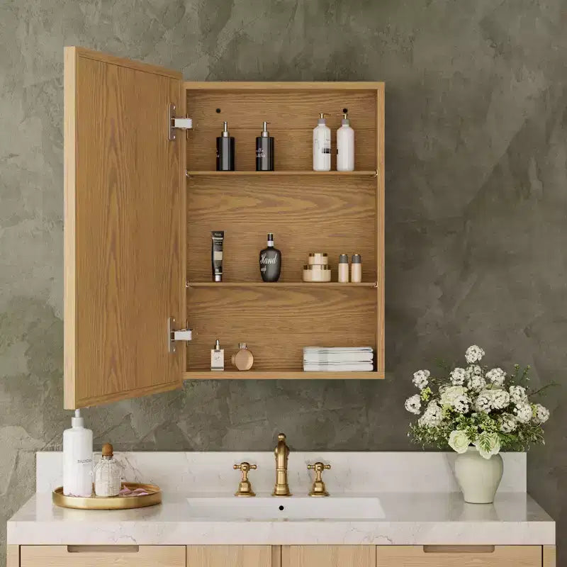 Armadietto da bagno con specchio e ripiani regolabili in legno di quercia, Mobiletto contenitore da parete con specchio per bagno