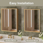 Armadietto da bagno con specchio e ripiani regolabili in legno di quercia, Mobiletto contenitore da parete con specchio per bagno