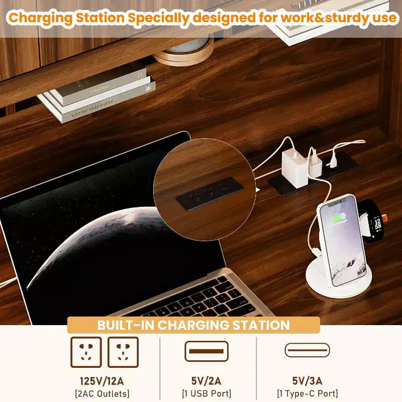 Scrivania retrò da 47 pollici con stazione di ricarica e ripiano, scrivania per computer con 5 cassetti, libreria con ante in vetro, scrivania da scrittura, noce - ModernLuxe