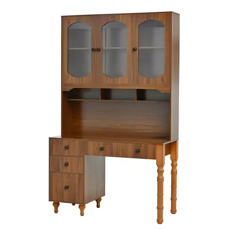 Scrivania retrò da 47 pollici con stazione di ricarica e ripiano, scrivania per computer con 5 cassetti, libreria con ante in vetro, scrivania da scrittura, noce - ModernLuxe