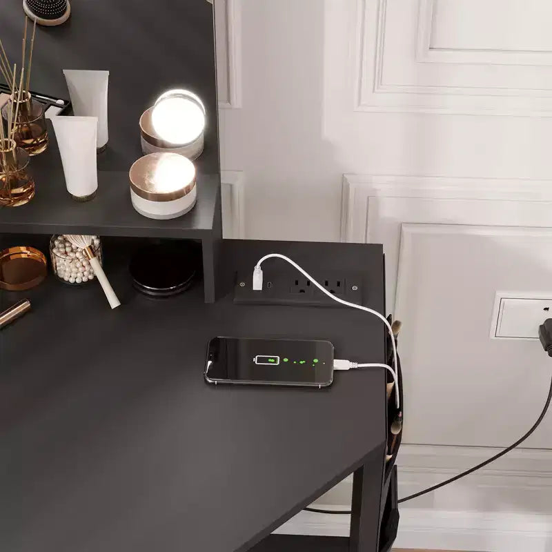Toeletta da trucco angolare con sgabello e specchio, grande tavolo da trucco con contenitore, set di toeletta per camera da letto e piccoli spazi