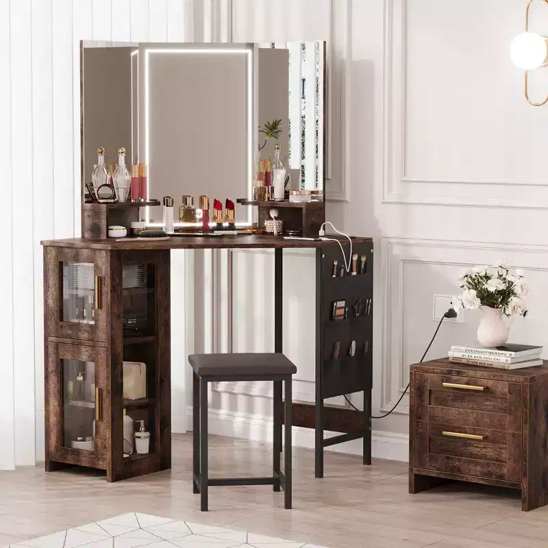 Toeletta da trucco angolare con sgabello e specchio, grande tavolo da trucco con contenitore, set di toeletta per camera da letto e piccoli spazi