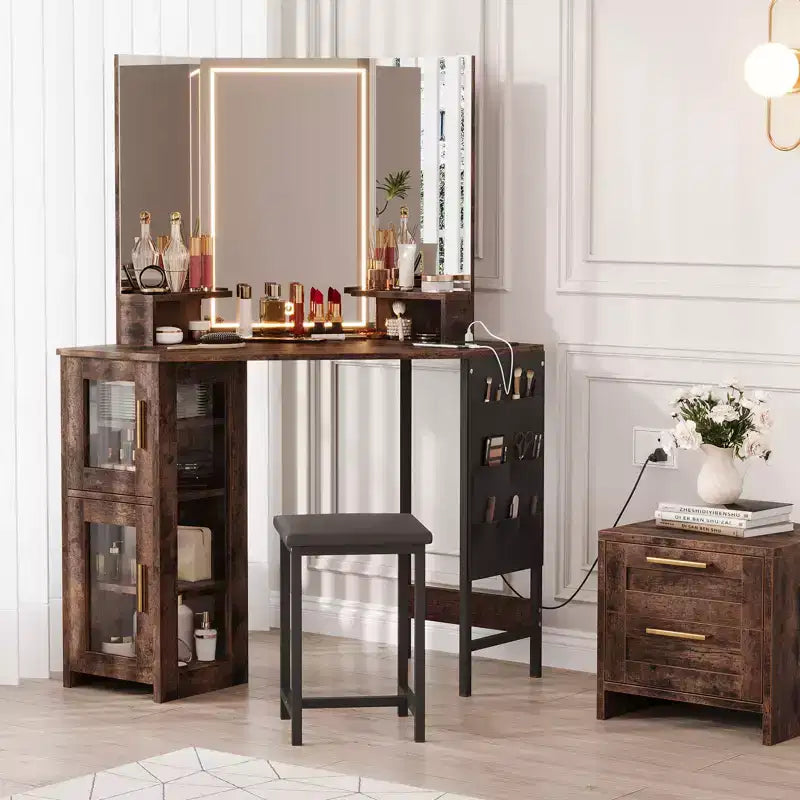 Toeletta da trucco angolare con sgabello e specchio, grande tavolo da trucco con contenitore, set di toeletta per camera da letto e piccoli spazi