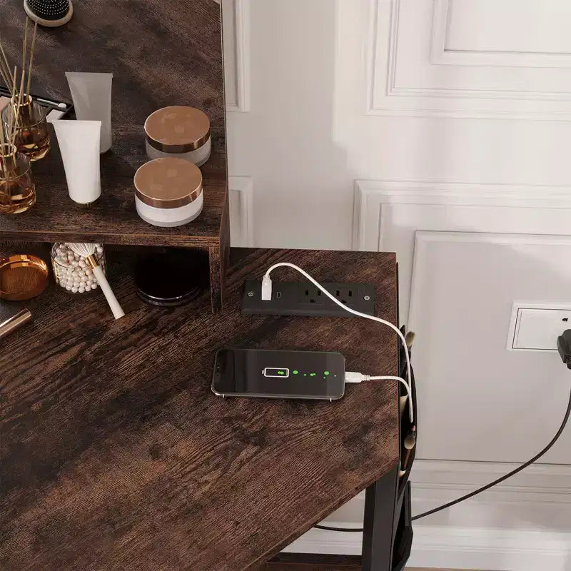 Toeletta da trucco angolare con sgabello e specchio, grande tavolo da trucco con contenitore, set di toeletta per camera da letto e piccoli spazi