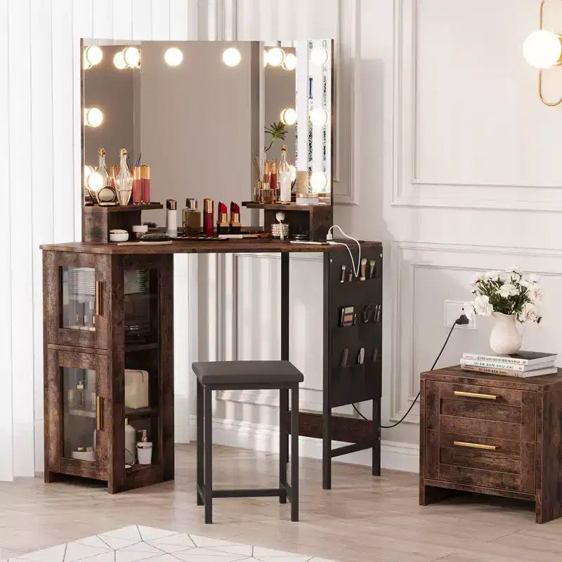 Toeletta da trucco angolare con sgabello e specchio, grande tavolo da trucco con contenitore, set di toeletta per camera da letto e piccoli spazi