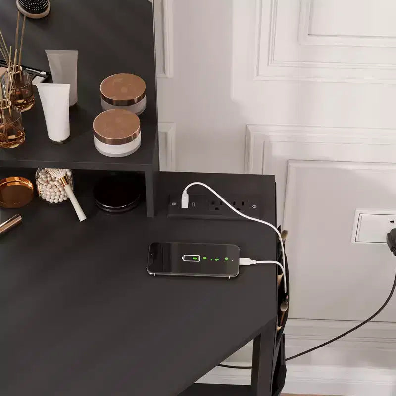 Toeletta da trucco angolare con sgabello e specchio, grande tavolo da trucco con contenitore, set di toeletta per camera da letto e piccoli spazi