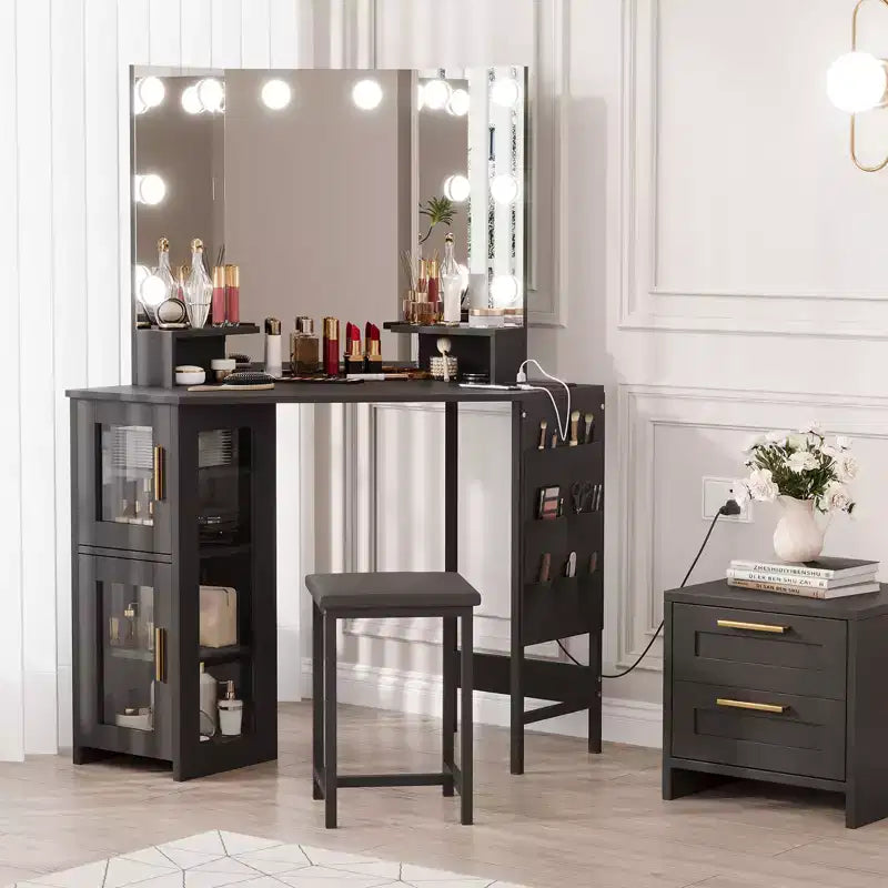 Toeletta da trucco angolare con sgabello e specchio, grande tavolo da trucco con contenitore, set di toeletta per camera da letto e piccoli spazi