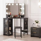 Toeletta da trucco angolare con sgabello e specchio, grande tavolo da trucco con contenitore, set di toeletta per camera da letto e piccoli spazi