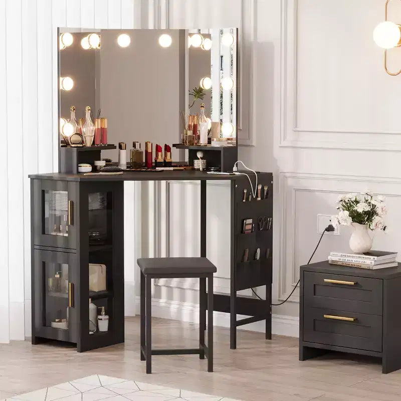 Toeletta da trucco angolare con sgabello e specchio, grande tavolo da trucco con contenitore, set di toeletta per camera da letto e piccoli spazi
