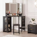 Corner Makeup Vanity Desk with Stool & Mirror, Large Dressing Table with Storage, Makeup Vanity Table Set for Bedroom Small Space