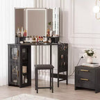 Corner Makeup Vanity Desk with Stool & Mirror, Large Dressing Table with Storage, Makeup Vanity Table Set for Bedroom Small Space