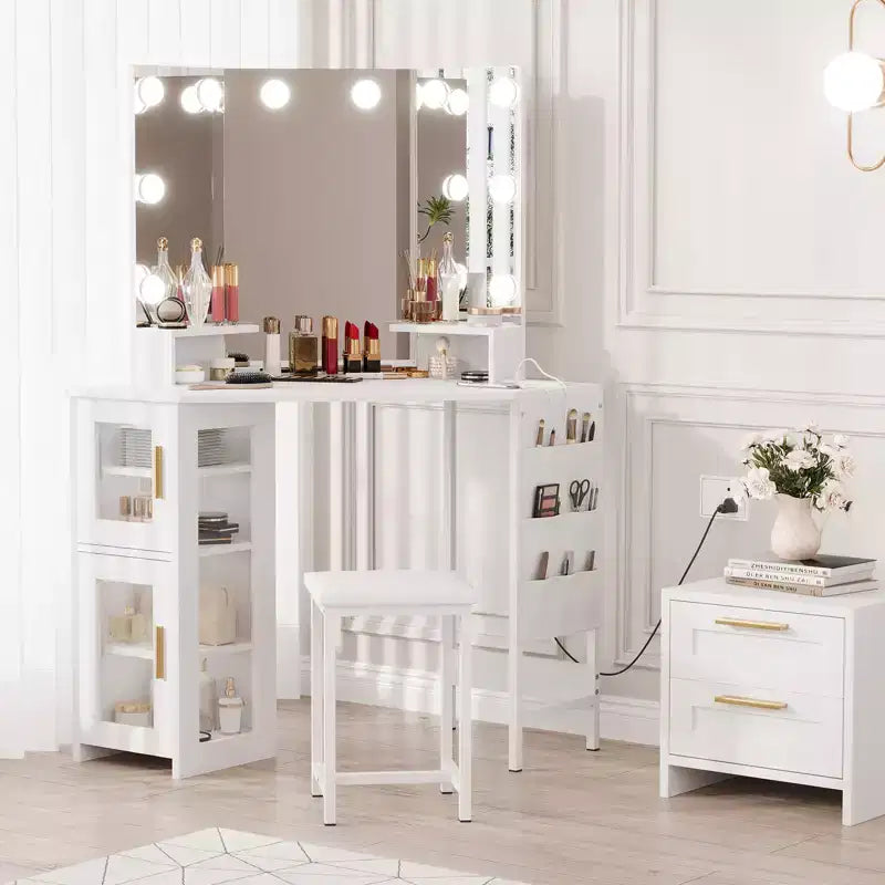 Toeletta da trucco angolare con sgabello e specchio, grande tavolo da trucco con contenitore, set di toeletta per camera da letto e piccoli spazi