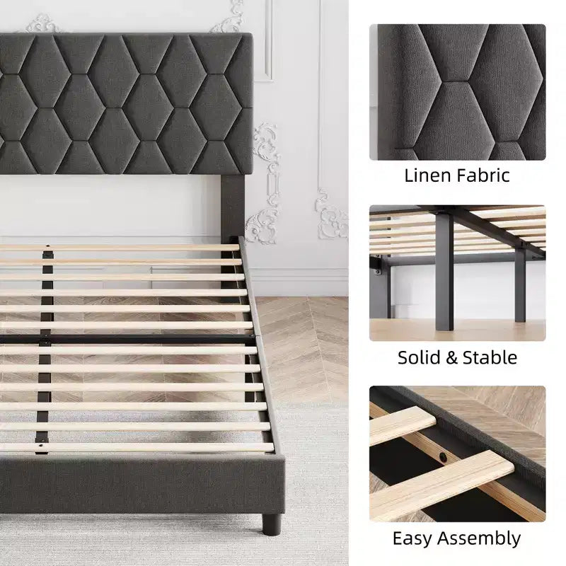 Struttura letto a piattaforma Twin XL con testiera regolabile e testiera imbottita, robusto supporto a doghe in legno, facile installazione, grigio