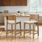 Spruce&Spring 26 Solid Wood Counter Height Barstool with Handwoven PVC Backrest & Upholstered Seat, Set of 2