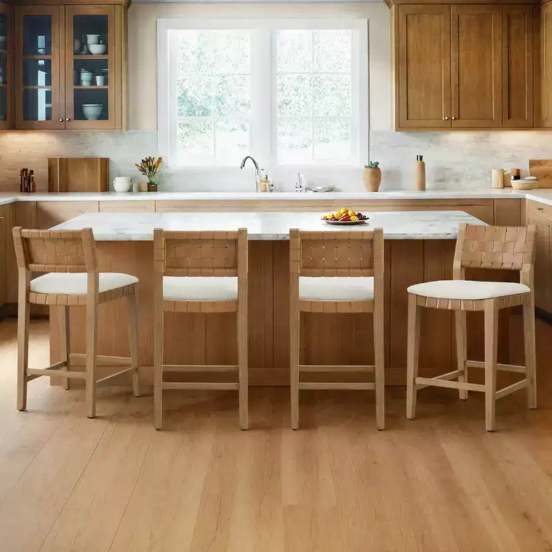 Spruce&Spring Sgabello da bar per altezza bancone in legno massello da 26" con schienale in PVC intrecciato a mano e seduta imbottita, set da 2