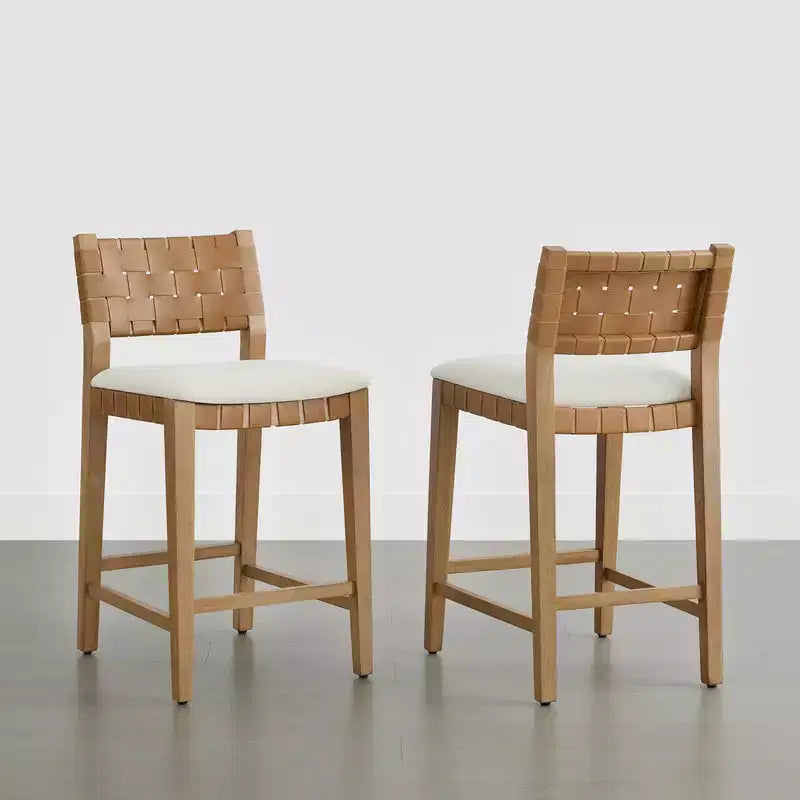 Spruce&Spring Sgabello da bar per altezza bancone in legno massello da 26" con schienale in PVC intrecciato a mano e seduta imbottita, set da 2