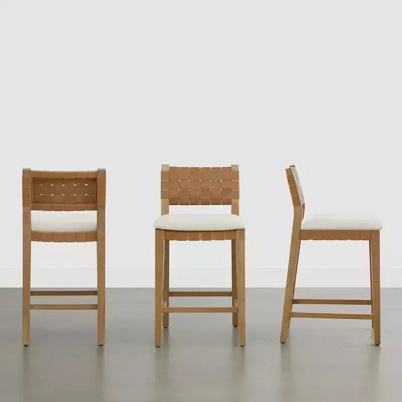 Spruce&Spring Sgabello da bar per altezza bancone in legno massello da 26" con schienale in PVC intrecciato a mano e seduta imbottita, set da 2