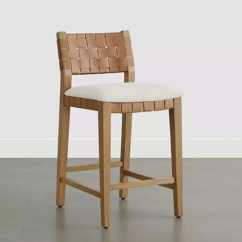 Spruce&Spring Sgabello da bar per altezza bancone in legno massello da 26" con schienale in PVC intrecciato a mano e seduta imbottita, set da 2