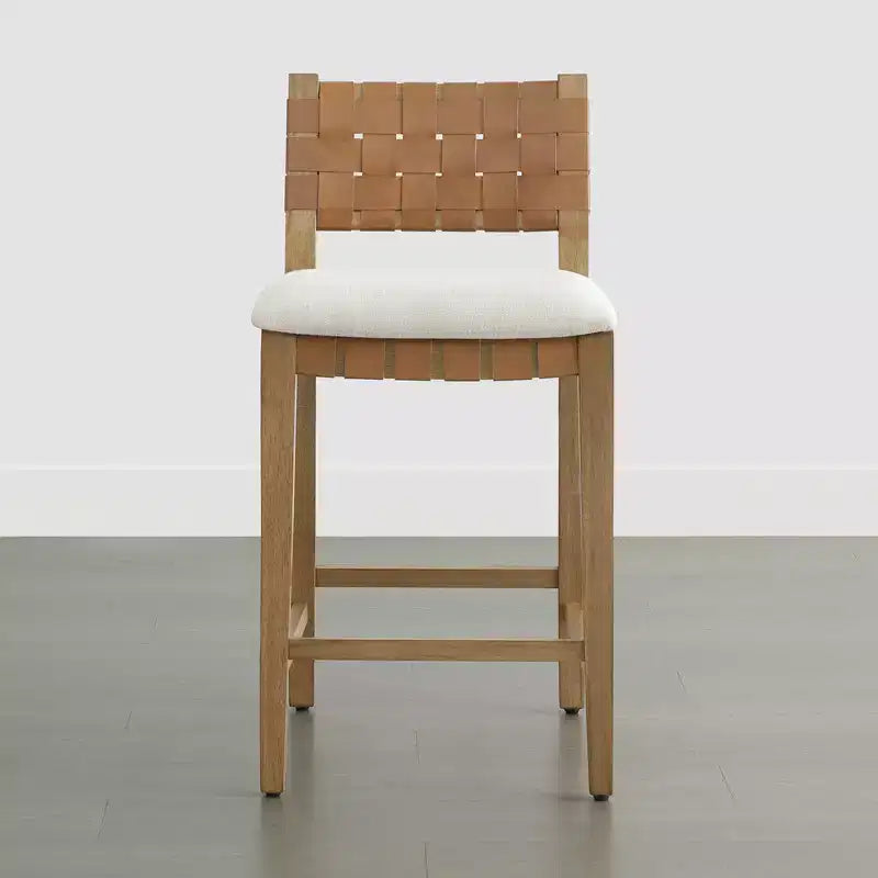 Spruce&Spring Sgabello da bar per altezza bancone in legno massello da 26" con schienale in PVC intrecciato a mano e seduta imbottita, set da 2