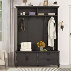 Acekool Modern Hall Tree with Storage Cabinet, 2 Large Drawers, Wide Bench & 5 Hooks, Entryway Organizer for Living Room, Black