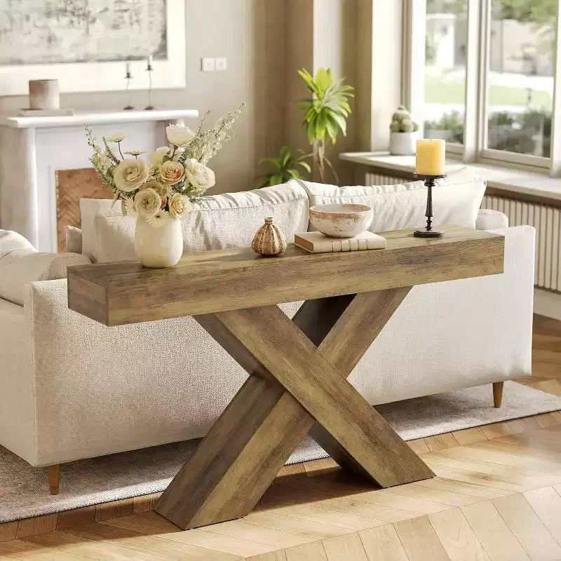 Consolle Lantine 55, tavolo stretto con design a X, per soggiorno, atrio, corridoio, ingresso, marrone rustico