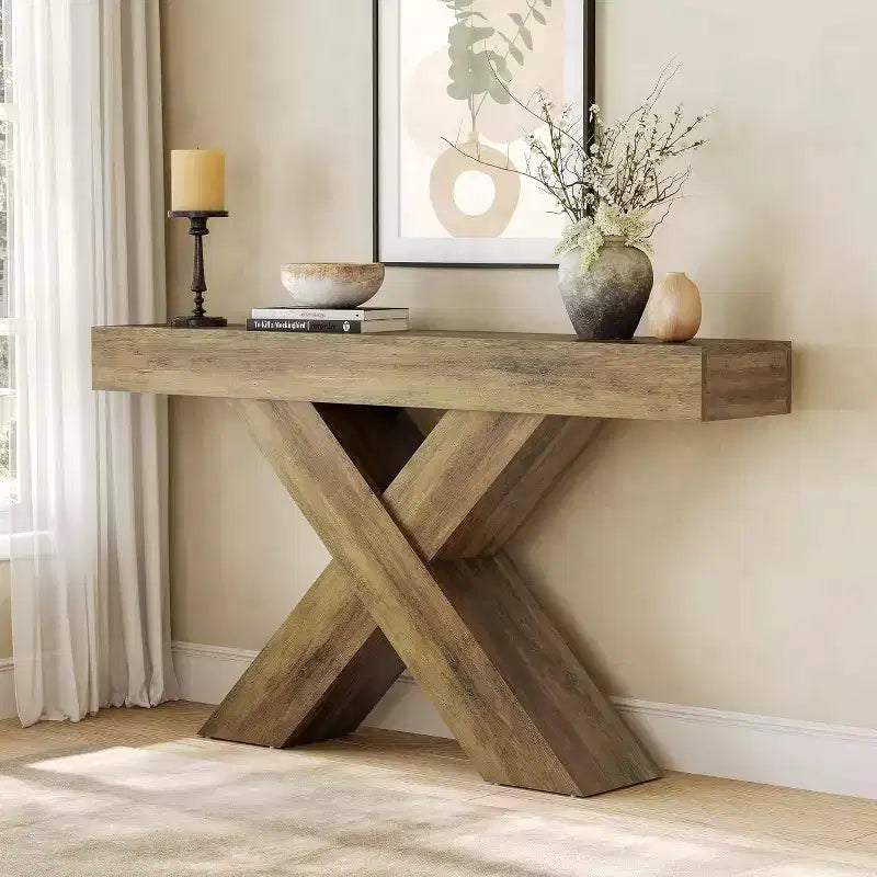 Consolle Lantine 55, tavolo stretto con design a X, per soggiorno, atrio, corridoio, ingresso, marrone rustico