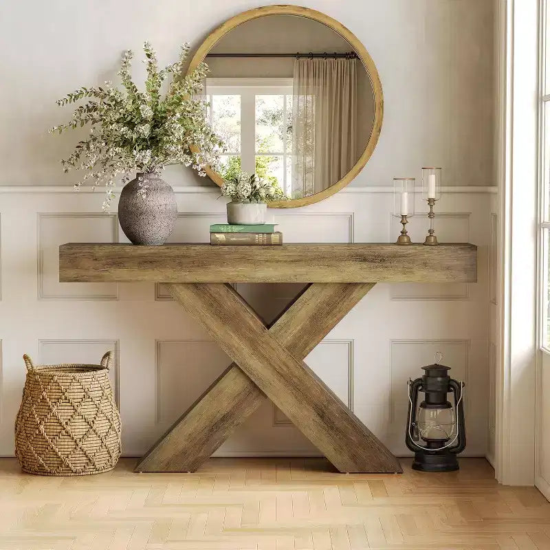Consolle Lantine 55, tavolo stretto con design a X, per soggiorno, atrio, corridoio, ingresso, marrone rustico