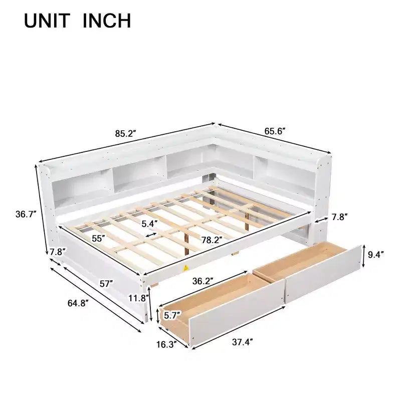 Bellemave Letto ad angolo a una piazza e mezza con cassetti contenitore, divano letto con librerie a L, divano letto ad angolo a una piazza e mezza per bambini, ragazzi e adulti, bianco