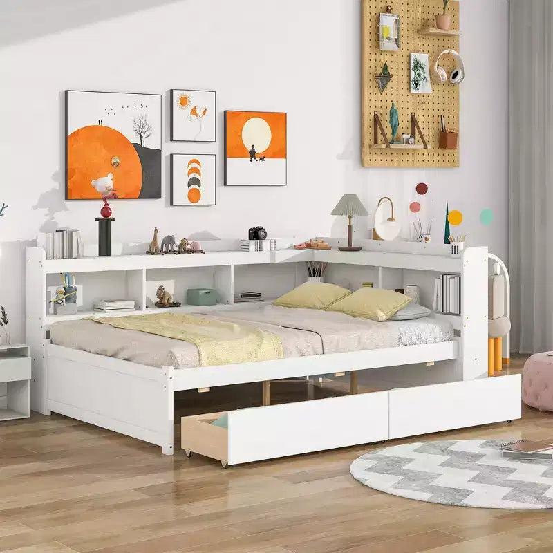 Bellemave Letto ad angolo a una piazza e mezza con cassetti contenitore, divano letto con librerie a L, divano letto ad angolo a una piazza e mezza per bambini, ragazzi e adulti, bianco