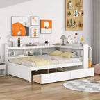 Bellemave Letto ad angolo a una piazza e mezza con cassetti contenitore, divano letto con librerie a L, divano letto ad angolo a una piazza e mezza per bambini, ragazzi e adulti, bianco
