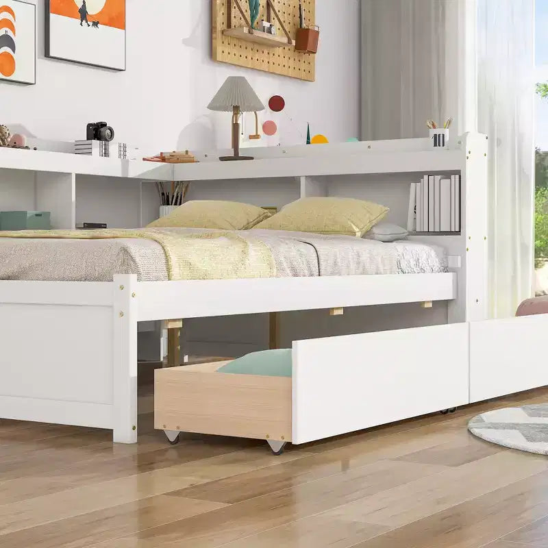 Bellemave Letto ad angolo a una piazza e mezza con cassetti contenitore, divano letto con librerie a L, divano letto ad angolo a una piazza e mezza per bambini, ragazzi e adulti, bianco