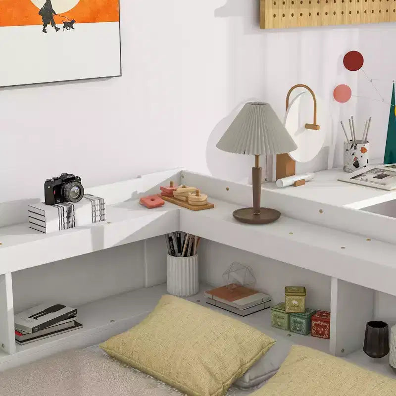 Bellemave Letto ad angolo a una piazza e mezza con cassetti contenitore, divano letto con librerie a L, divano letto ad angolo a una piazza e mezza per bambini, ragazzi e adulti, bianco