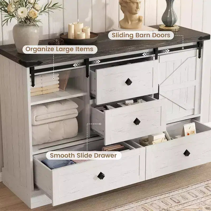 Cassettiera rustica da 114 cm - 4 cassetti e ante scorrevoli alla maniera di un fienile, mobile TV per camera da letto e soggiorno