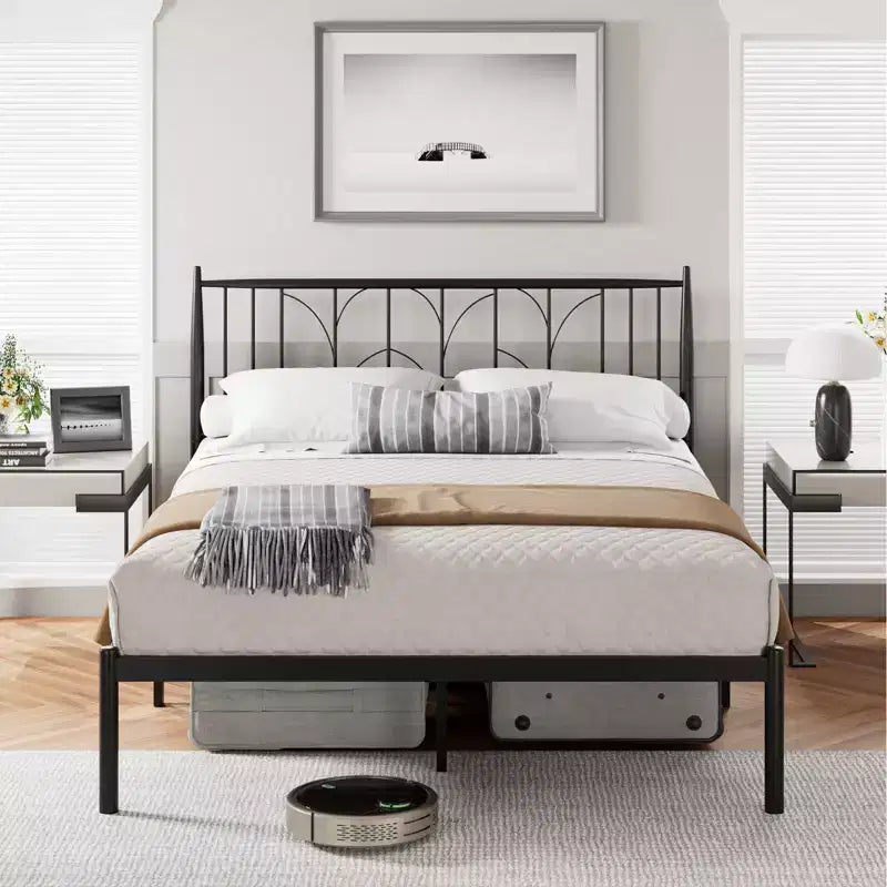 Struttura Letto Matrimoniale, Struttura Letto a Piattaforma Matrimoniale con Testiera, Supporto a Doghe in Metallo Resistente, Base per Materasso, Design Silenzioso, Facile Installazione