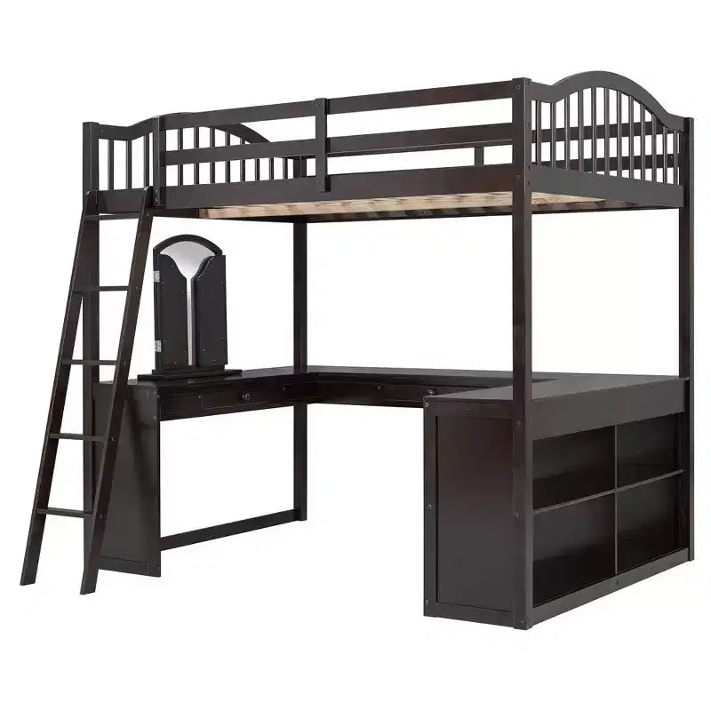 Letto a soppalco Polibi Full Size in legno con scrivania a U integrata, postazione con specchio da trucco e mensole portaoggetti