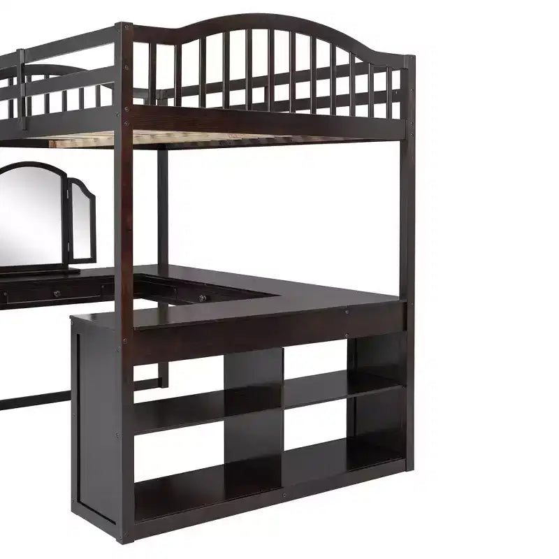 Letto a soppalco Polibi Full Size in legno con scrivania a U integrata, postazione con specchio da trucco e mensole portaoggetti
