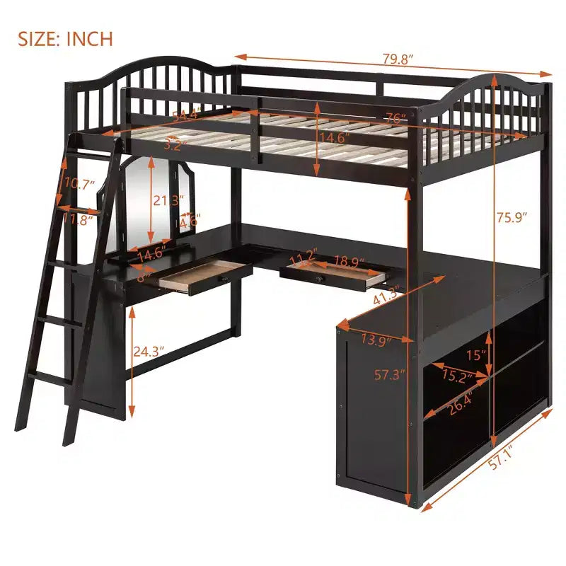 Letto a soppalco Polibi Full Size in legno con scrivania a U integrata, postazione con specchio da trucco e mensole portaoggetti