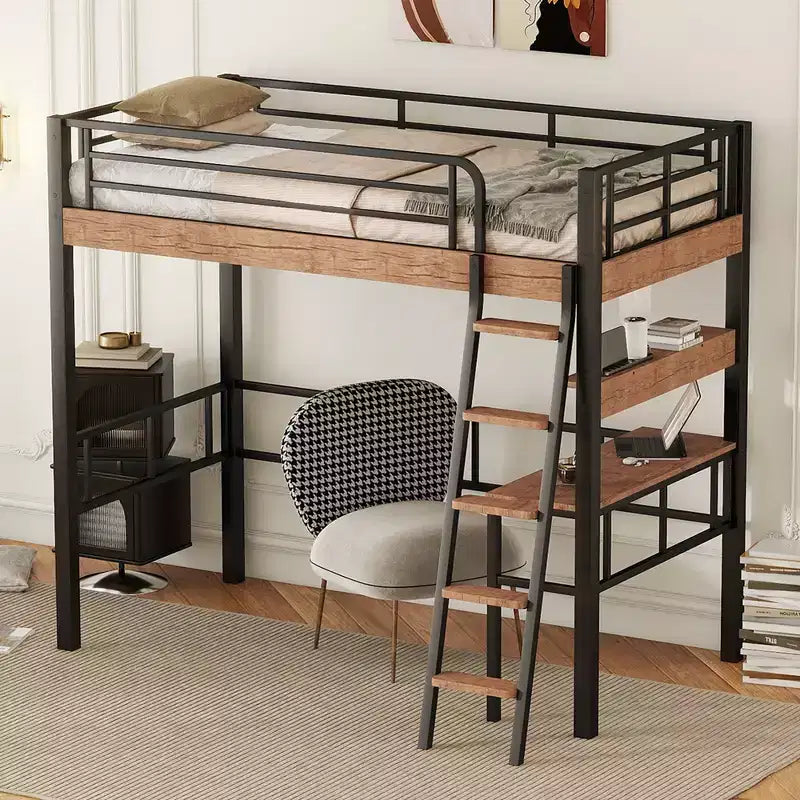 Letto a soppalco singolo in metallo con scrivania, struttura letto a soppalco singola con mensole portaoggetti per camera da letto, dormitorio di bambini e ragazzi