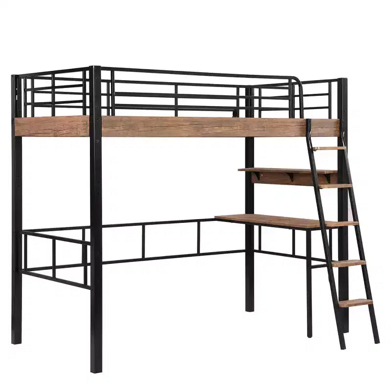 Letto a soppalco singolo in metallo con scrivania, struttura letto a soppalco singola con mensole portaoggetti per camera da letto, dormitorio di bambini e ragazzi
