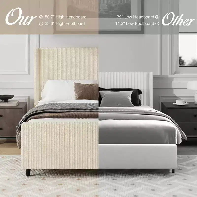 Struttura letto Whisen con rivestimento in velluto a coste e testiera ad ali – Crema