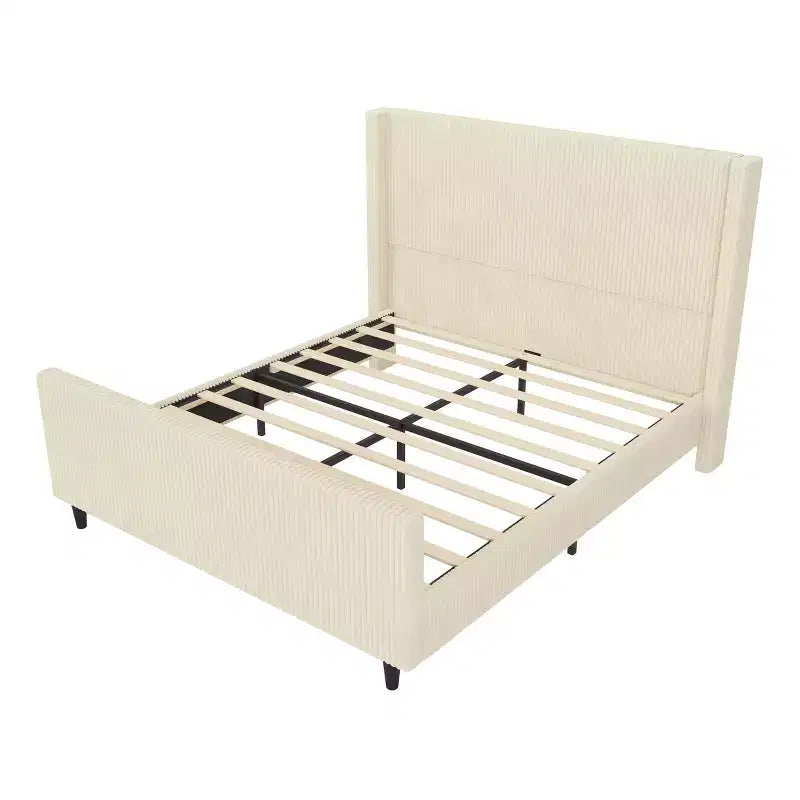 Struttura letto Whisen con rivestimento in velluto a coste e testiera ad ali – Crema