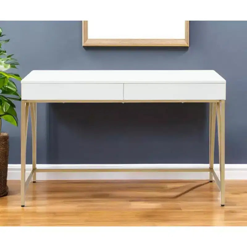 HomeRoots 50 Tavolino da trucco bianco e oro in legno e acciaio con due cassetti