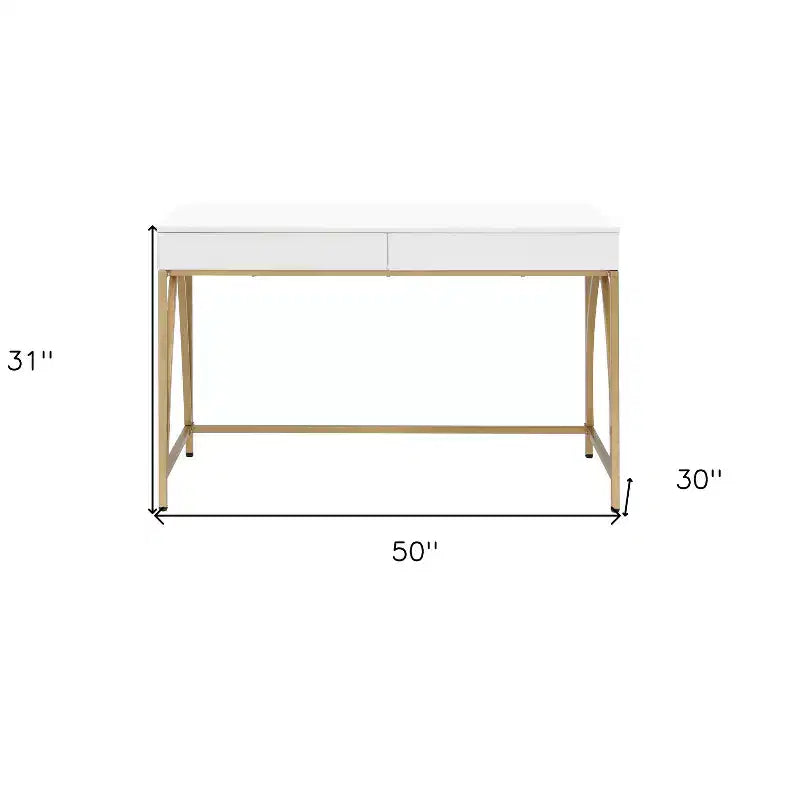 HomeRoots 50 Tavolino da trucco bianco e oro in legno e acciaio con due cassetti