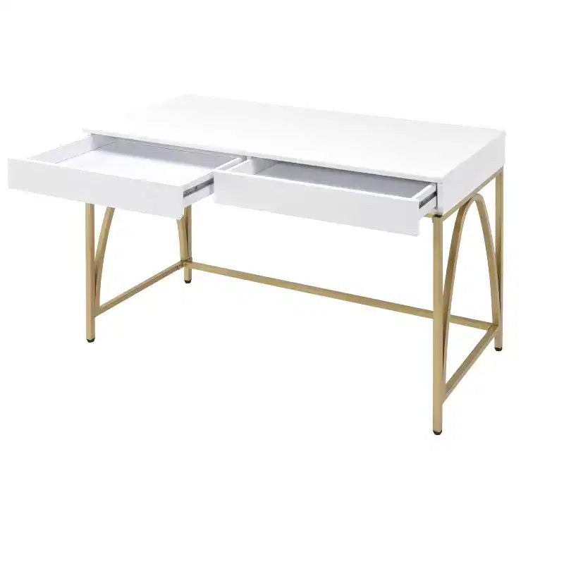 HomeRoots 50 Tavolino da trucco bianco e oro in legno e acciaio con due cassetti