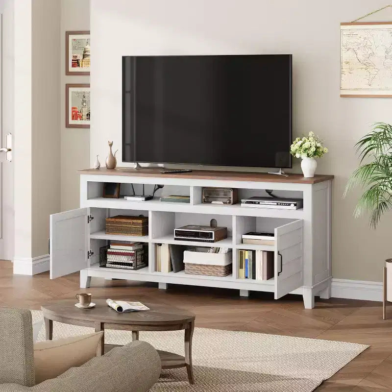 Mobile TV da 63'', Console TV moderna in stile rustico per soggiorno con ripiani regolabili, Centro di intrattenimento per casa/ufficio