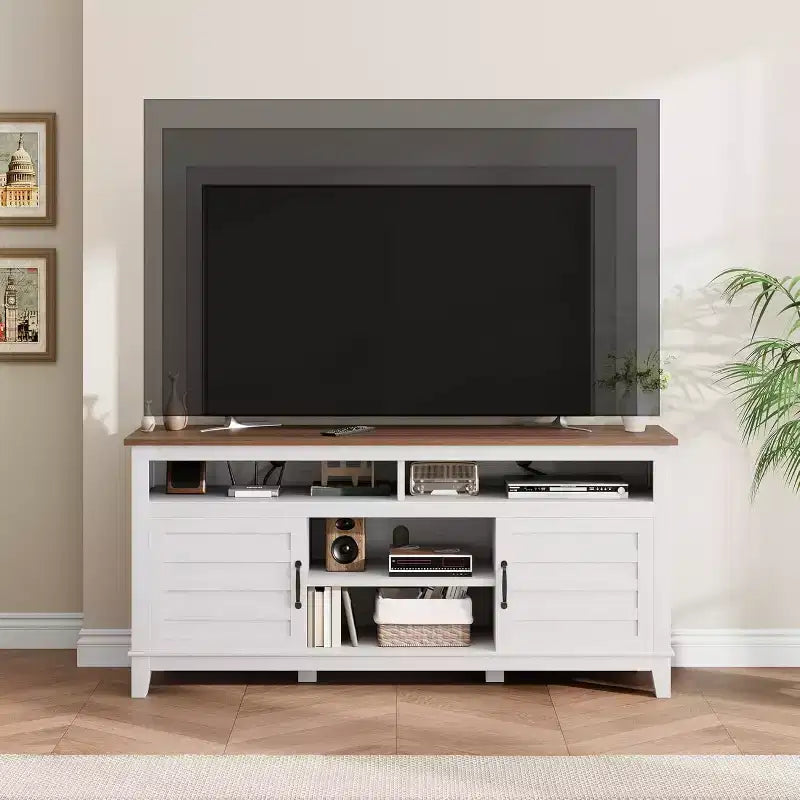 Mobile TV da 63'', Console TV moderna in stile rustico per soggiorno con ripiani regolabili, Centro di intrattenimento per casa/ufficio